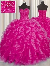 Designer Floor Length Hot Pink Sweet 16 Dresses Organza Sleeveless Beading and Ruffles