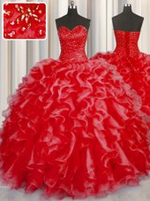 Discount Halter Top Coral Red Organza Lace Up Quinceanera Gown Sleeveless Floor Length Beading and Ruffles