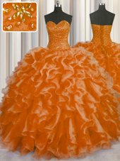 Glittering Ball Gowns 15 Quinceanera Dress Orange Sweetheart Organza Sleeveless Floor Length Lace Up