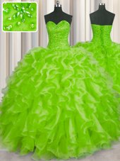 Glamorous Sweetheart Sleeveless Vestidos de Quinceanera Floor Length Beading and Ruffles Yellow Green Organza