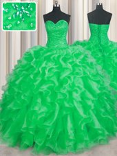 Noble Apple Green Ball Gowns Organza Sweetheart Sleeveless Beading and Ruffles Floor Length Lace Up 15th Birthday Dress