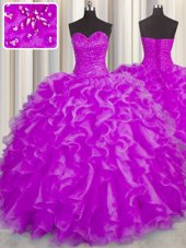 Fuchsia Ball Gowns Sweetheart Sleeveless Organza Floor Length Lace Up Beading and Ruffles Quince Ball Gowns