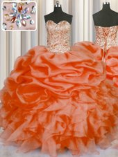 Elegant Orange Lace Up Sweetheart Beading and Ruffles and Pick Ups Sweet 16 Quinceanera Dress Organza Sleeveless