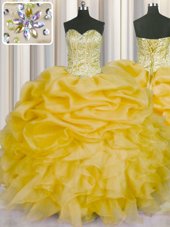 Pretty Gold Ball Gowns Organza Sweetheart Sleeveless Beading and Ruffles and Pick Ups Floor Length Lace Up Quinceanera Dresses
