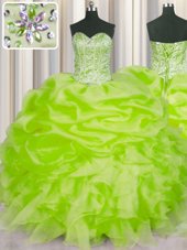 Sexy Yellow Green Ball Gowns Sweetheart Sleeveless Organza Floor Length Lace Up Beading and Ruffles and Pick Ups Quinceanera Gown
