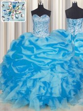 Top Selling Blue Sleeveless Beading and Ruffles and Pick Ups Floor Length Quinceanera Dress