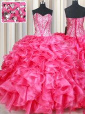 Flirting Sweetheart Sleeveless Quinceanera Dress Floor Length Beading and Ruffles Coral Red Organza