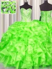 Super Organza Lace Up Sweetheart Sleeveless Floor Length Ball Gown Prom Dress Beading and Ruffles