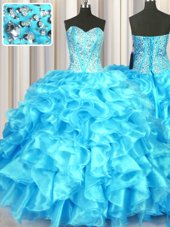 Vintage Sleeveless Floor Length Beading and Ruffles Lace Up Ball Gown Prom Dress with Aqua Blue