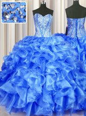 Top Selling Blue Organza Lace Up Sweetheart Sleeveless Floor Length Quinceanera Dresses Beading and Ruffles