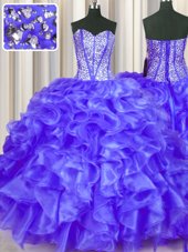 Deluxe Sweetheart Sleeveless Lace Up Sweet 16 Quinceanera Dress Purple Organza