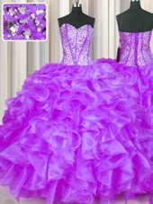 Glorious Sleeveless Floor Length Beading and Ruffles Lace Up Sweet 16 Dress with Eggplant Purple