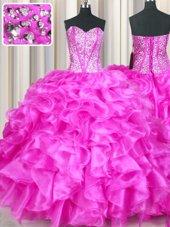 Latest Sweetheart Sleeveless Lace Up Vestidos de Quinceanera Fuchsia Organza