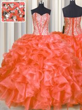 Comfortable Floor Length Orange Red Quince Ball Gowns Organza Sleeveless Beading and Ruffles
