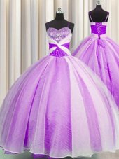 Glorious Lilac Quince Ball Gowns Military Ball and Sweet 16 and Quinceanera and For with Beading and Sequins and Ruching Spaghetti Straps Sleeveless Lace Up