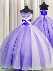 Sophisticated Lavender Ball Gowns Spaghetti Straps Sleeveless Organza Floor Length Lace Up Beading and Sequins and Ruching Ball Gown Prom Dress