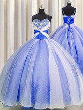 Colorful Blue And White Organza Lace Up Spaghetti Straps Sleeveless Floor Length Sweet 16 Dress Beading and Sequins and Ruching