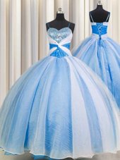 Artistic Sequins Ball Gowns Quinceanera Gowns Baby Blue Spaghetti Straps Chiffon Sleeveless Floor Length Lace Up