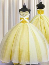 Spaghetti Straps Beading and Ruching Quince Ball Gowns Yellow Lace Up Sleeveless Floor Length
