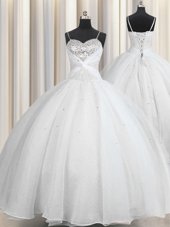 Beauteous Ball Gowns Vestidos de Quinceanera White Spaghetti Straps Organza Sleeveless Floor Length Lace Up