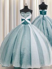 Inexpensive Spaghetti Straps Teal Half Sleeves Organza Lace Up Ball Gown Prom Dress for Military Ball and Sweet 16 and Quinceanera