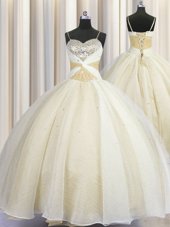 Exquisite Spaghetti Straps Floor Length Champagne Sweet 16 Dresses Organza Sleeveless Beading and Ruching