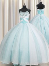 Fine Ball Gowns Vestidos de Quinceanera Aqua Blue Spaghetti Straps Organza Sleeveless Floor Length Lace Up