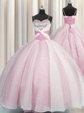 Customized Spaghetti Straps Floor Length Rose Pink 15th Birthday Dress Organza Sleeveless Beading and Ruching