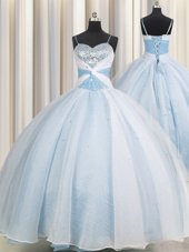 Unique Spaghetti Straps Light Blue Ball Gowns Beading and Ruching 15 Quinceanera Dress Lace Up Organza Sleeveless Floor Length