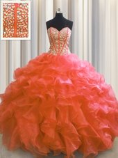 Designer Visible Boning Sweetheart Sleeveless Sweet 16 Quinceanera Dress Floor Length Beading and Ruffles Red Organza