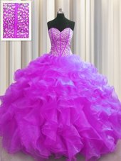 Sophisticated Visible Boning Fuchsia Lace Up Sweetheart Beading and Ruffles Quinceanera Gown Organza Sleeveless