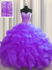 Visible Boning Floor Length Ball Gowns Sleeveless Purple Ball Gown Prom Dress Lace Up