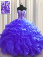 Beauteous Visible Boning Sweetheart Sleeveless Ball Gown Prom Dress Floor Length Beading and Ruffles Purple Organza