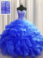 Traditional Visible Boning Royal Blue Organza Lace Up Sweetheart Sleeveless Floor Length Quinceanera Dress Beading and Ruffles