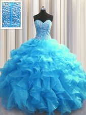 Dazzling Visible Boning Baby Blue Ball Gowns Beading and Ruffles Quinceanera Gown Lace Up Organza Sleeveless Floor Length