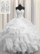Fantastic Visible Boning Floor Length Lace Up Ball Gown Prom Dress White and In for Military Ball and Sweet 16 and Quinceanera with Beading and Ruffles