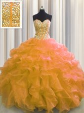 Designer Visible Boning Orange Organza Lace Up Sweetheart Sleeveless Floor Length Ball Gown Prom Dress Beading and Ruffles