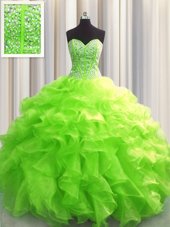 Pretty Visible Boning Floor Length Lace Up Quinceanera Dresses for Military Ball and Sweet 16 and Quinceanera with Beading and Ruffles