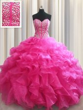 Charming Visible Boning Ball Gowns Sweet 16 Dresses Hot Pink Sweetheart Organza Sleeveless Floor Length Lace Up