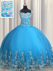 Flare Sweetheart Sleeveless Ball Gown Prom Dress Floor Length Beading and Appliques Baby Blue Organza