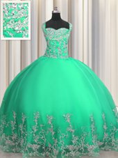 Exquisite Sweetheart Sleeveless Ball Gown Prom Dress Floor Length Beading and Appliques Turquoise Organza