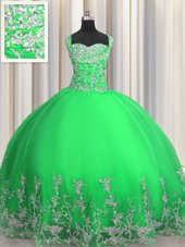 Customized Floor Length Apple Green 15 Quinceanera Dress Tulle Sleeveless Beading and Appliques
