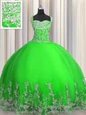 Green Quinceanera Gown Military Ball and Sweet 16 and Quinceanera and For with Beading and Appliques Straps Sleeveless Lace Up