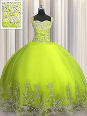 Spectacular Yellow Green Straps Lace Up Beading and Appliques Ball Gown Prom Dress Sleeveless