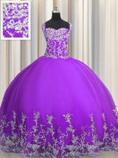 Cute Eggplant Purple Sleeveless Beading and Appliques Floor Length Quinceanera Gown