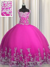 Floor Length Fuchsia Quince Ball Gowns Straps Sleeveless Lace Up