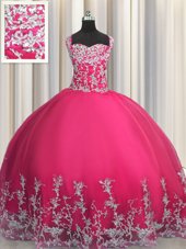Pretty Hot Pink Straps Neckline Beading and Appliques Quinceanera Gowns Sleeveless Lace Up