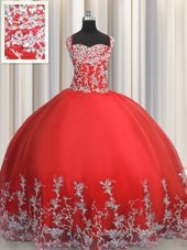 Nice Coral Red Sleeveless Tulle Lace Up Quinceanera Dresses for Military Ball and Sweet 16 and Quinceanera