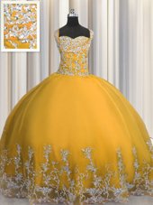 Glorious Ball Gowns Sweet 16 Dresses Gold Straps Tulle Sleeveless Floor Length Lace Up