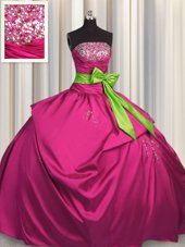 Edgy Fuchsia Sleeveless Beading and Ruching and Bowknot Floor Length Sweet 16 Quinceanera Dress
